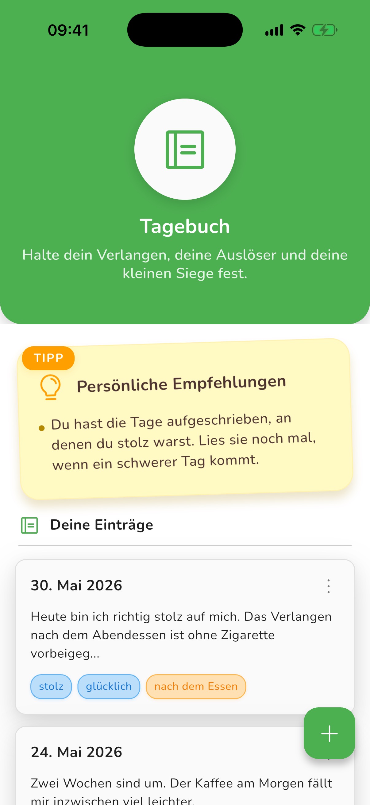 Screenshot: Wenn dich immer dieselben Momente erwischen, findet das Tagebuch sie.