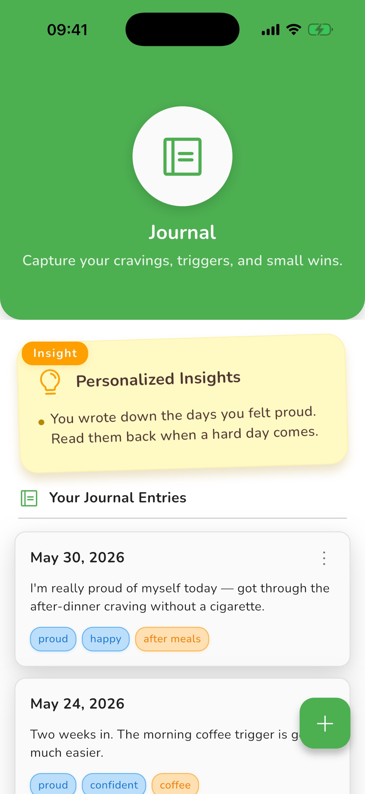 If the same moments keep getting you, the journal catches them. screen