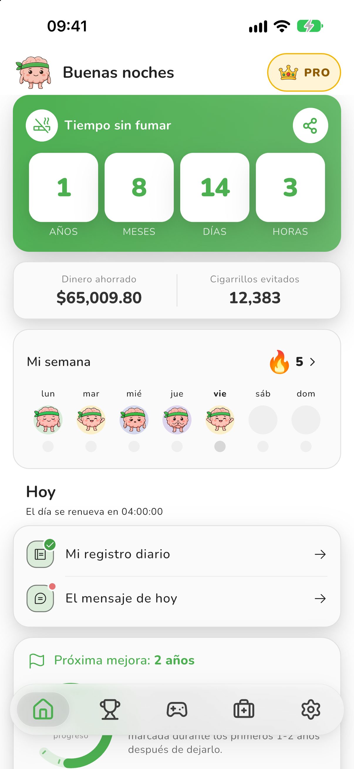 Pantalla de inicio de Deja de Fumar: Contador con el tiempo sin fumar, el dinero ahorrado y los cigarrillos no fumados