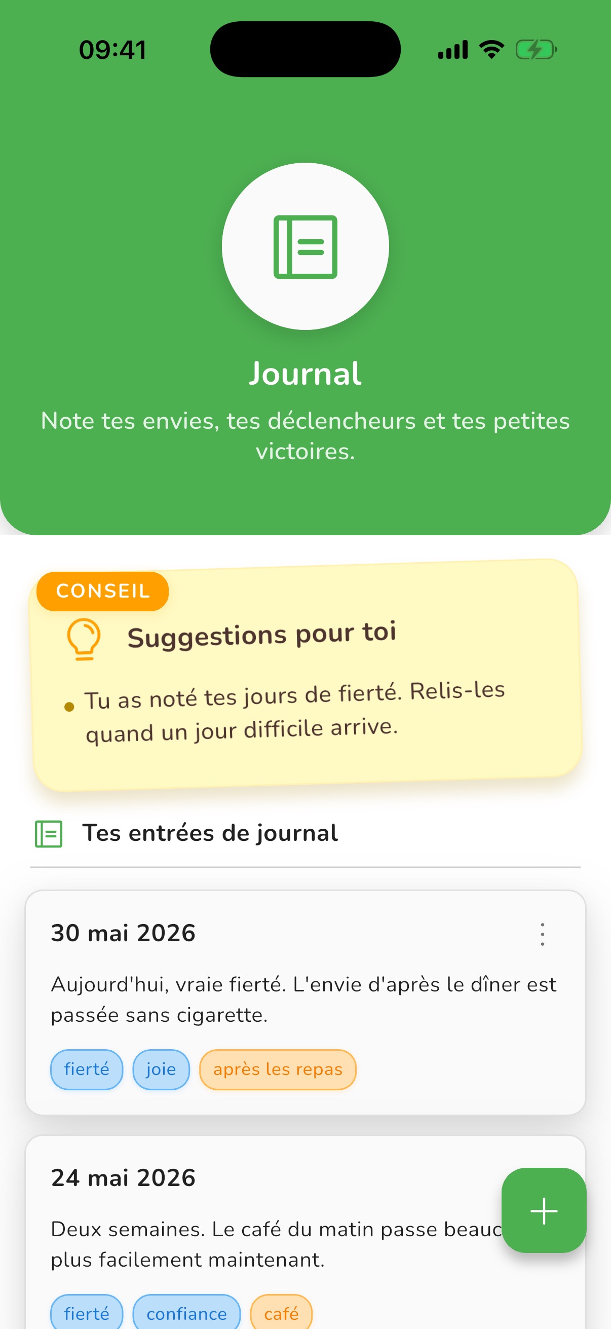 Écran de l’appli : Si ce sont toujours les mêmes moments, le journal les trouve.