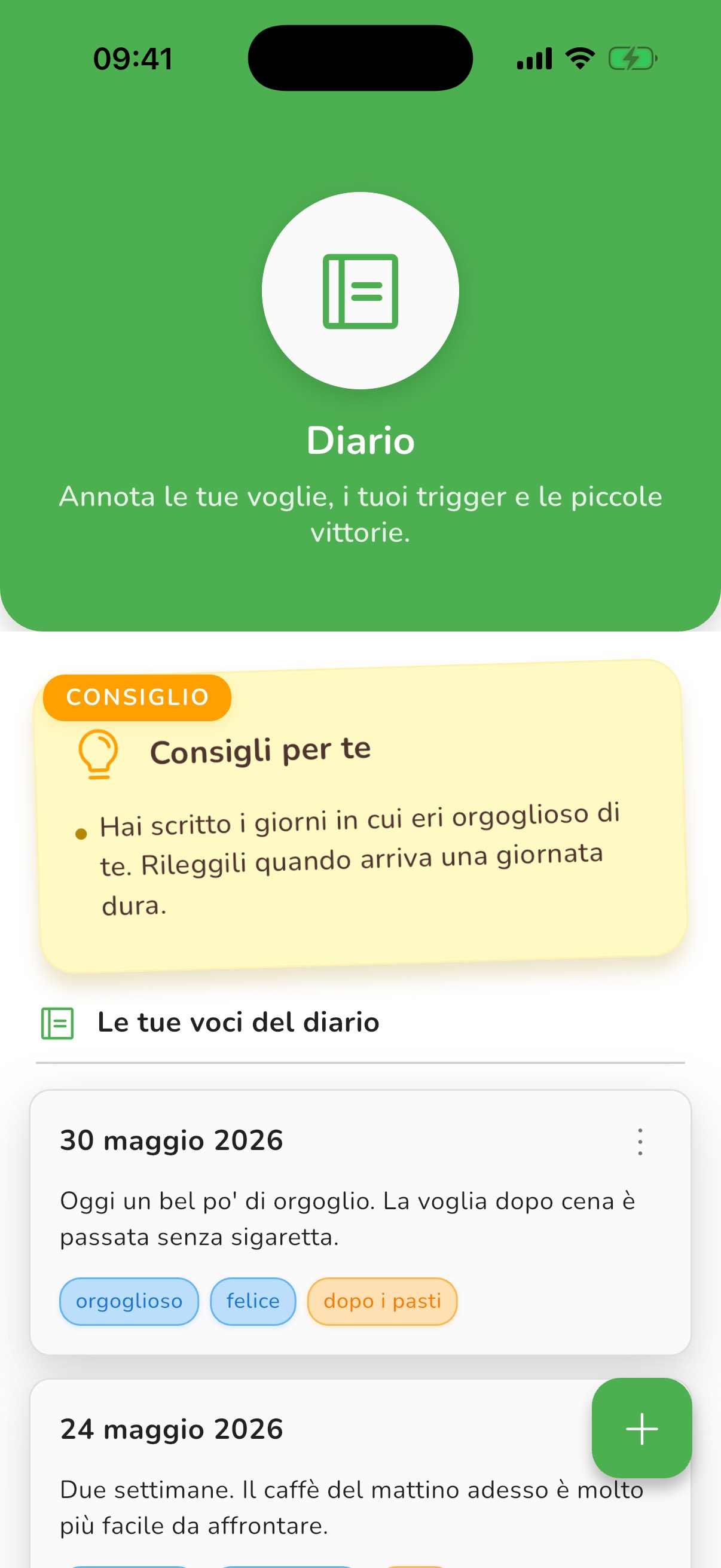 Schermata dell’app: Se sono sempre gli stessi momenti, il diario li trova.