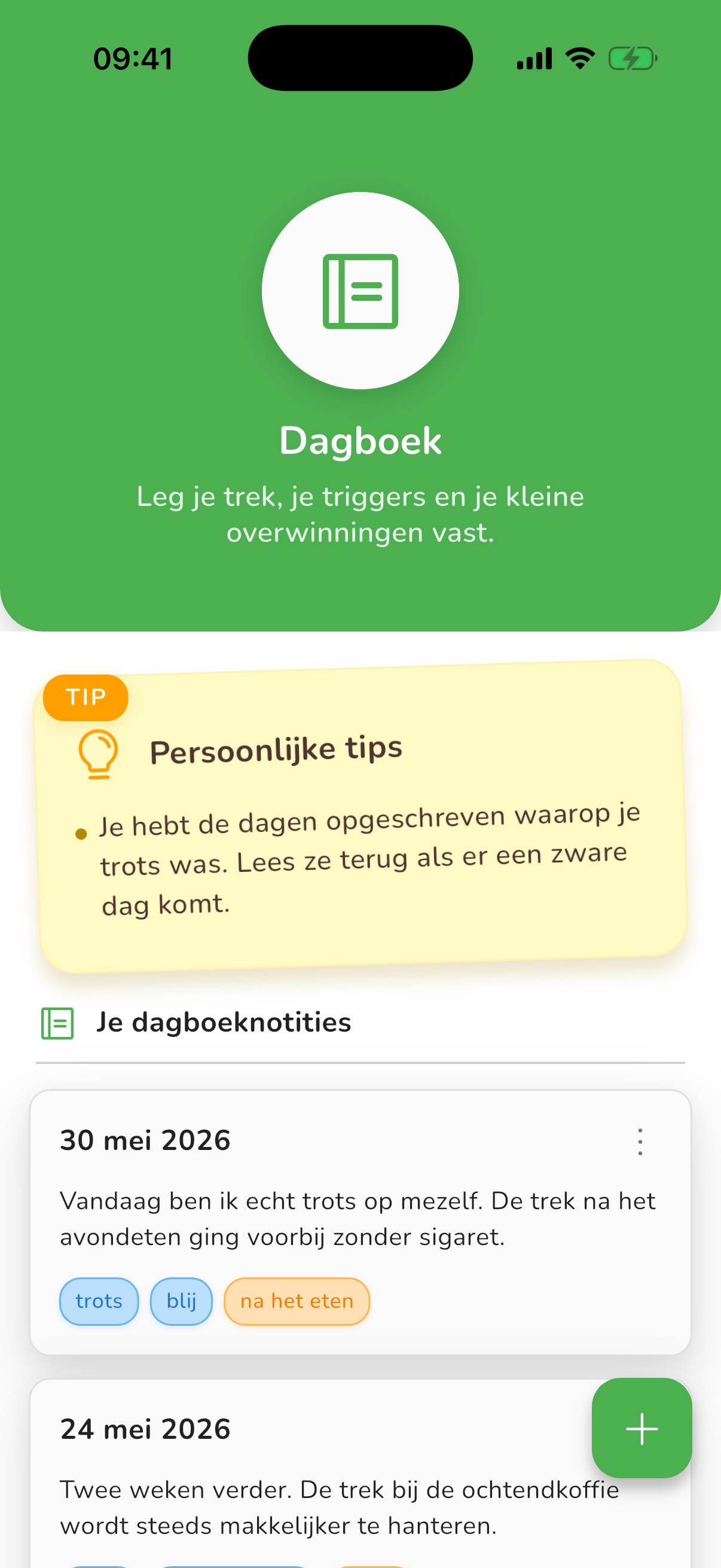 Schermafbeelding van de app: Als het steeds dezelfde momenten zijn, vindt het dagboek ze.