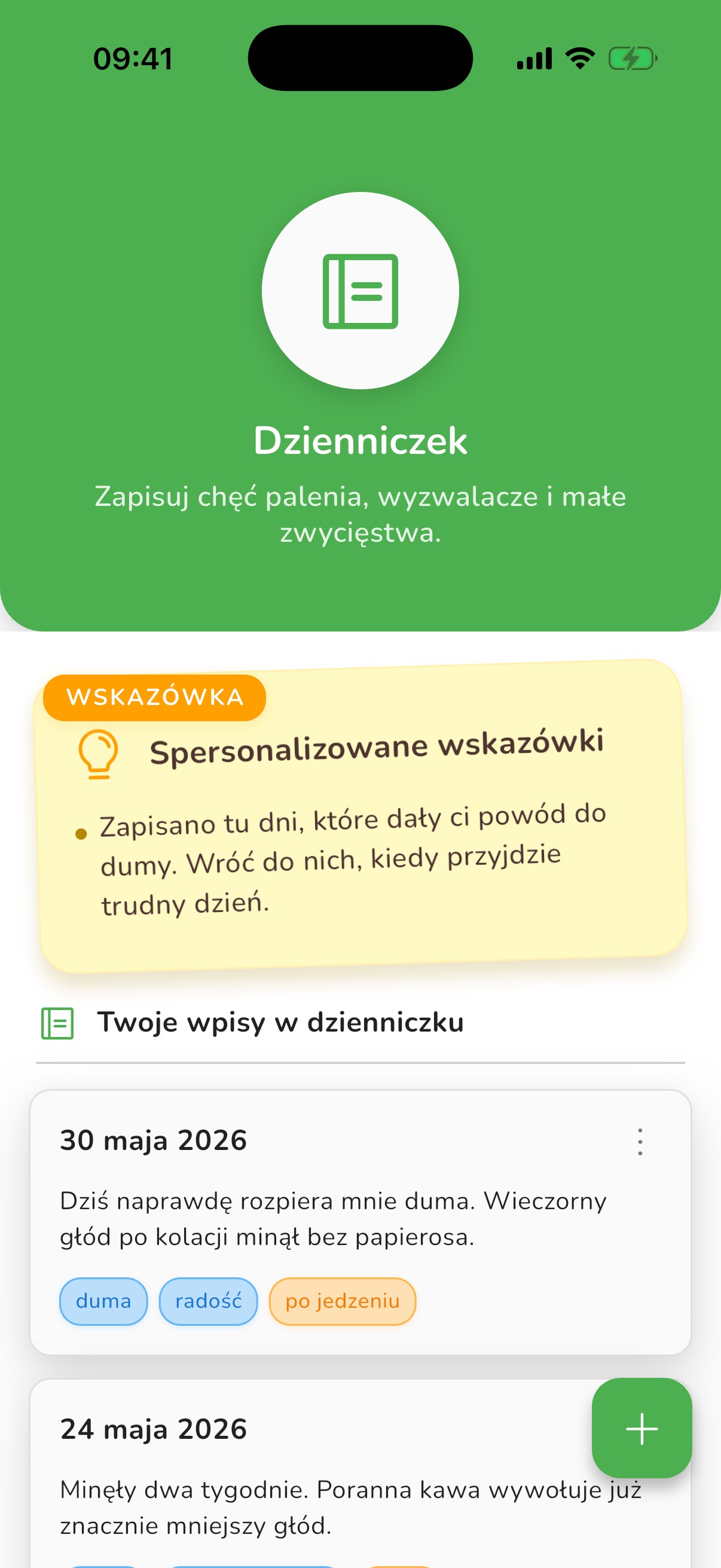 Ekran aplikacji: Jeśli to zawsze te same momenty, dzienniczek je znajdzie.