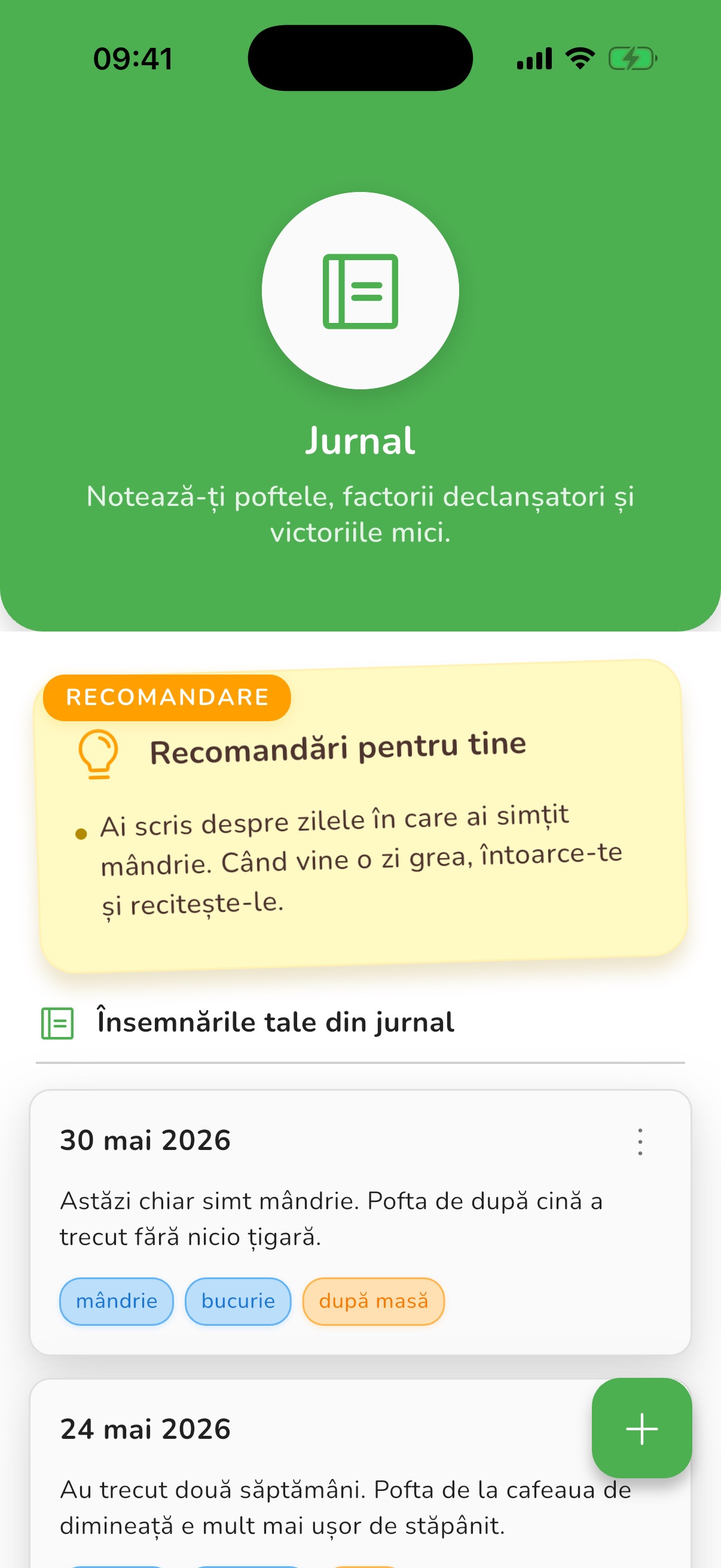 Captură din aplicație: Dacă sunt mereu aceleași momente, jurnalul le găsește.